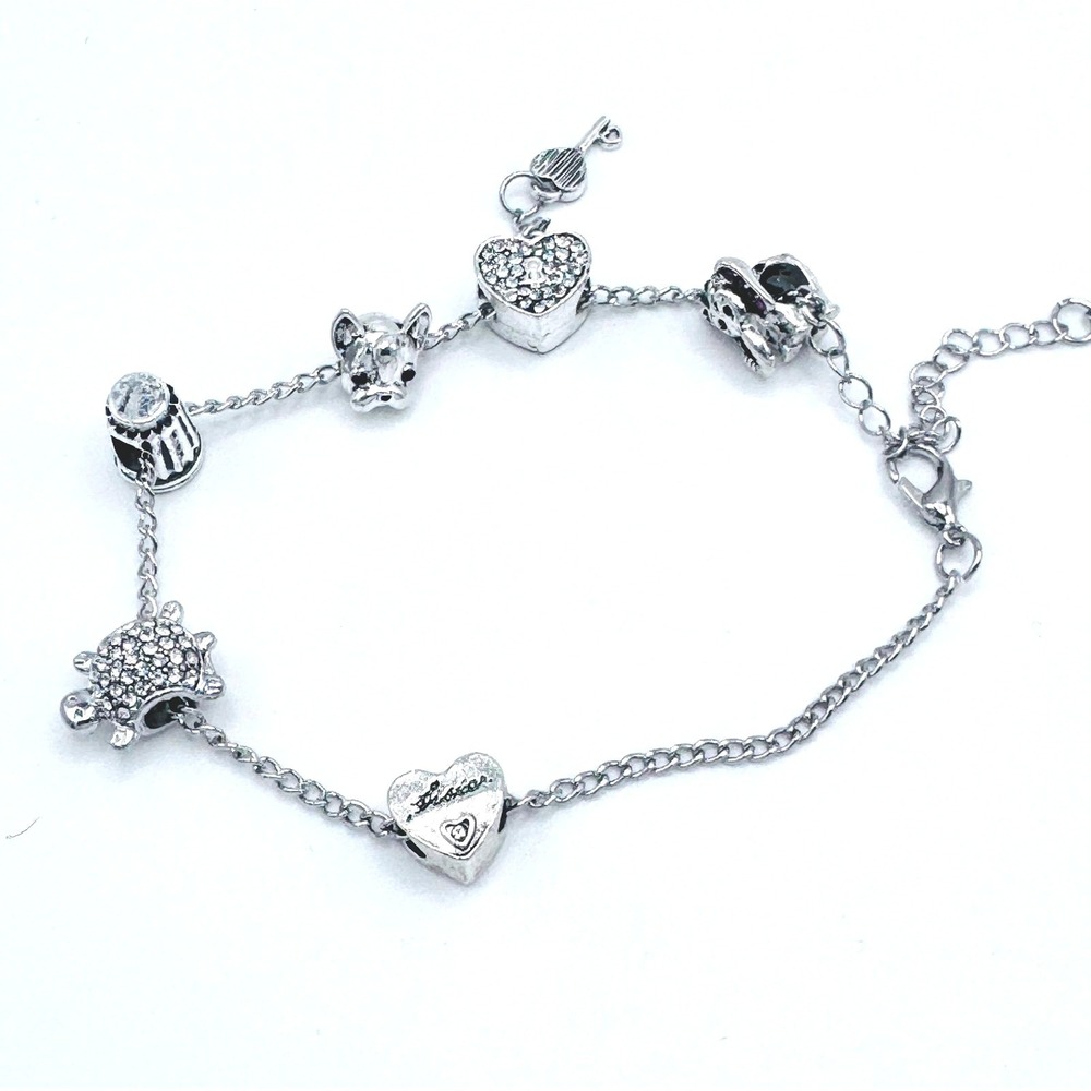European Charm Bracelet French Bulldog Turtle Heart CZ‎ Animal Lover Silver Tone
